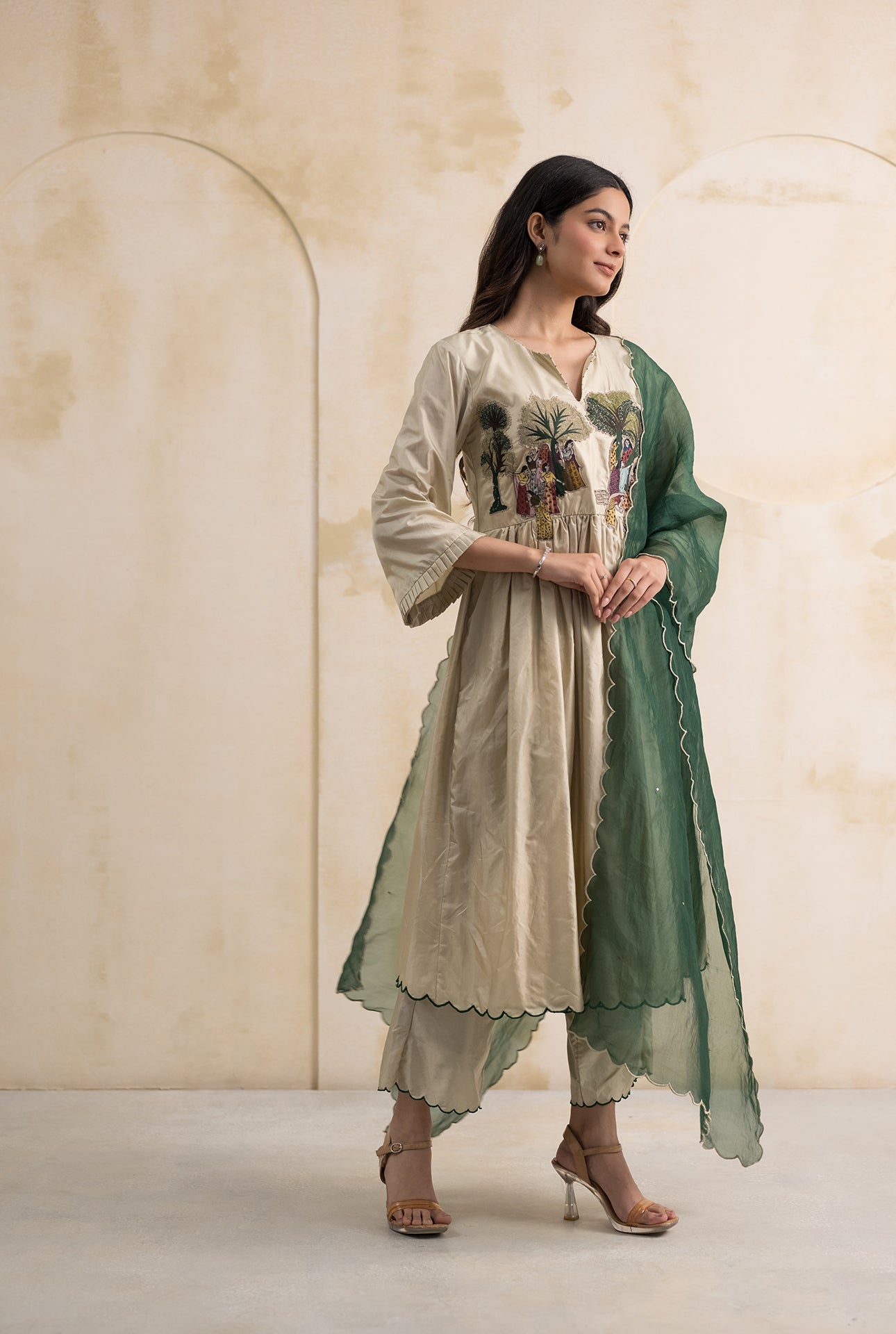 Ivory Green Dupion Silk Suit Set with Folklore Thread Embroidery