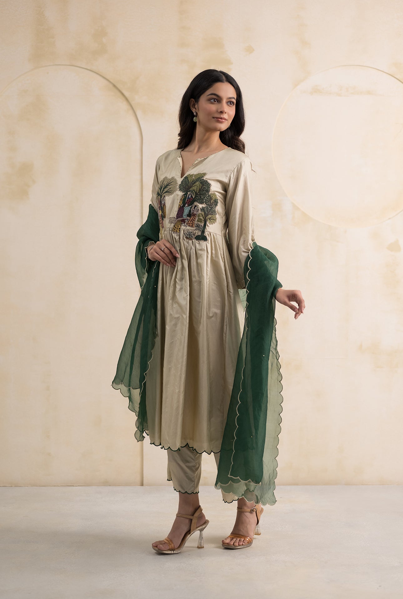 Ivory Green Dupion Silk Suit Set with Folklore Thread Embroidery