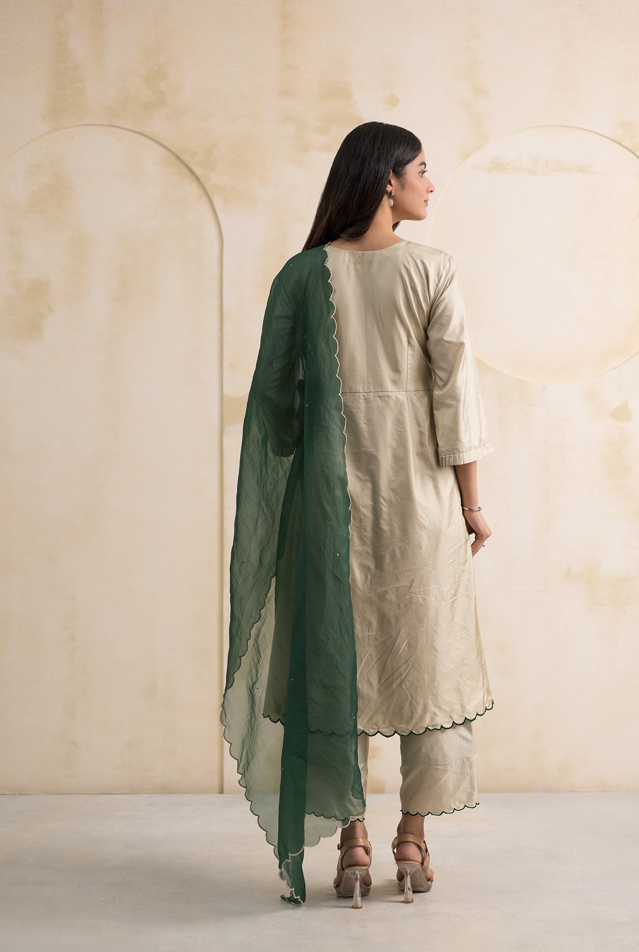 Ivory Green Dupion Silk Suit Set with Folklore Thread Embroidery