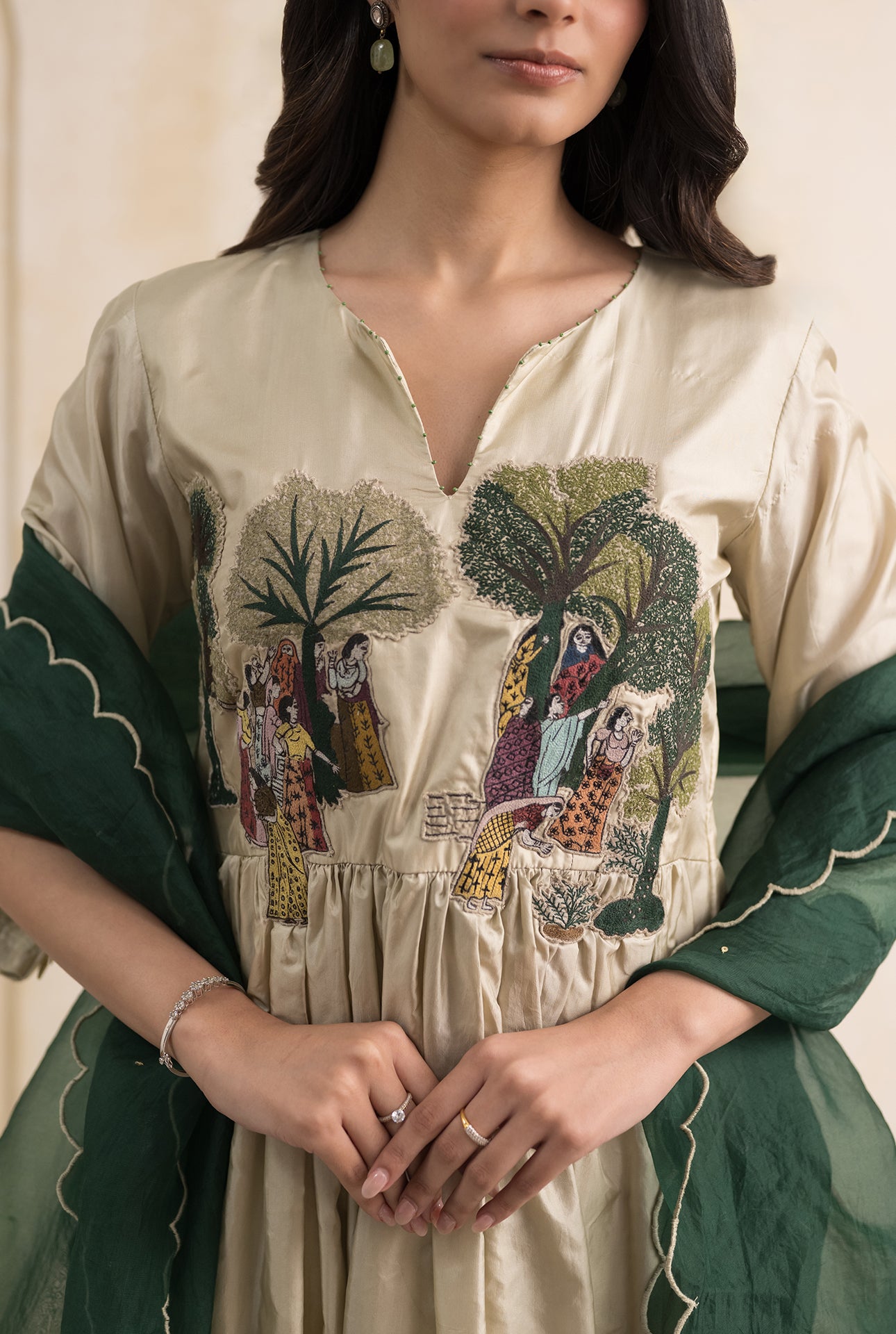 Ivory Green Dupion Silk Suit Set with Folklore Thread Embroidery