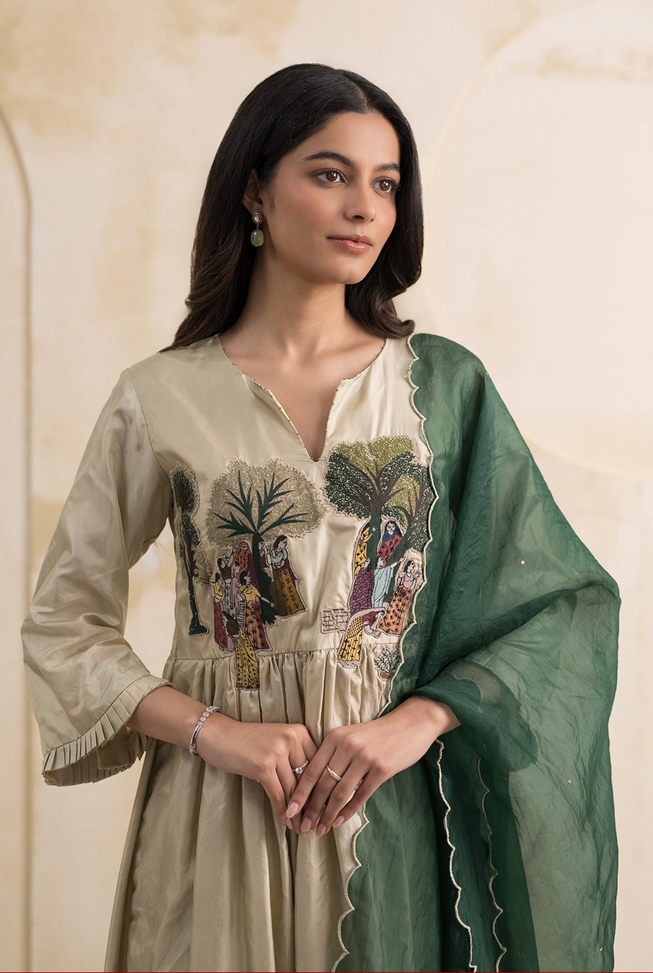 Ivory Green Dupion Silk Suit Set with Folklore Thread Embroidery
