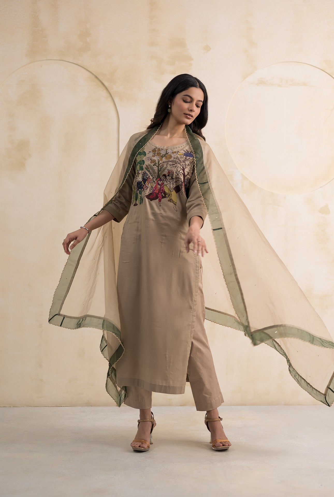 Beige Cotton Silk Suit Set with Radha Krishna Embroidery