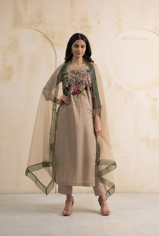 Beige Cotton Silk Suit Set with Radha Krishna Embroidery