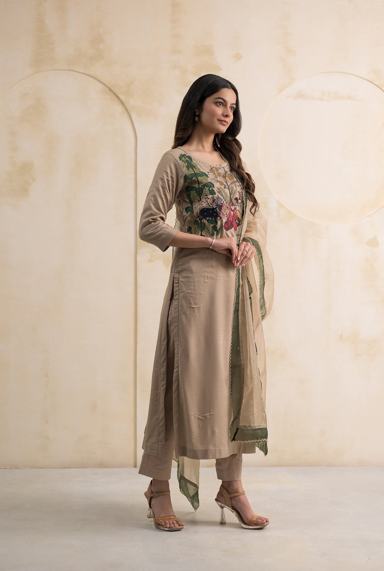 Beige Cotton Silk Suit Set with Radha Krishna Embroidery