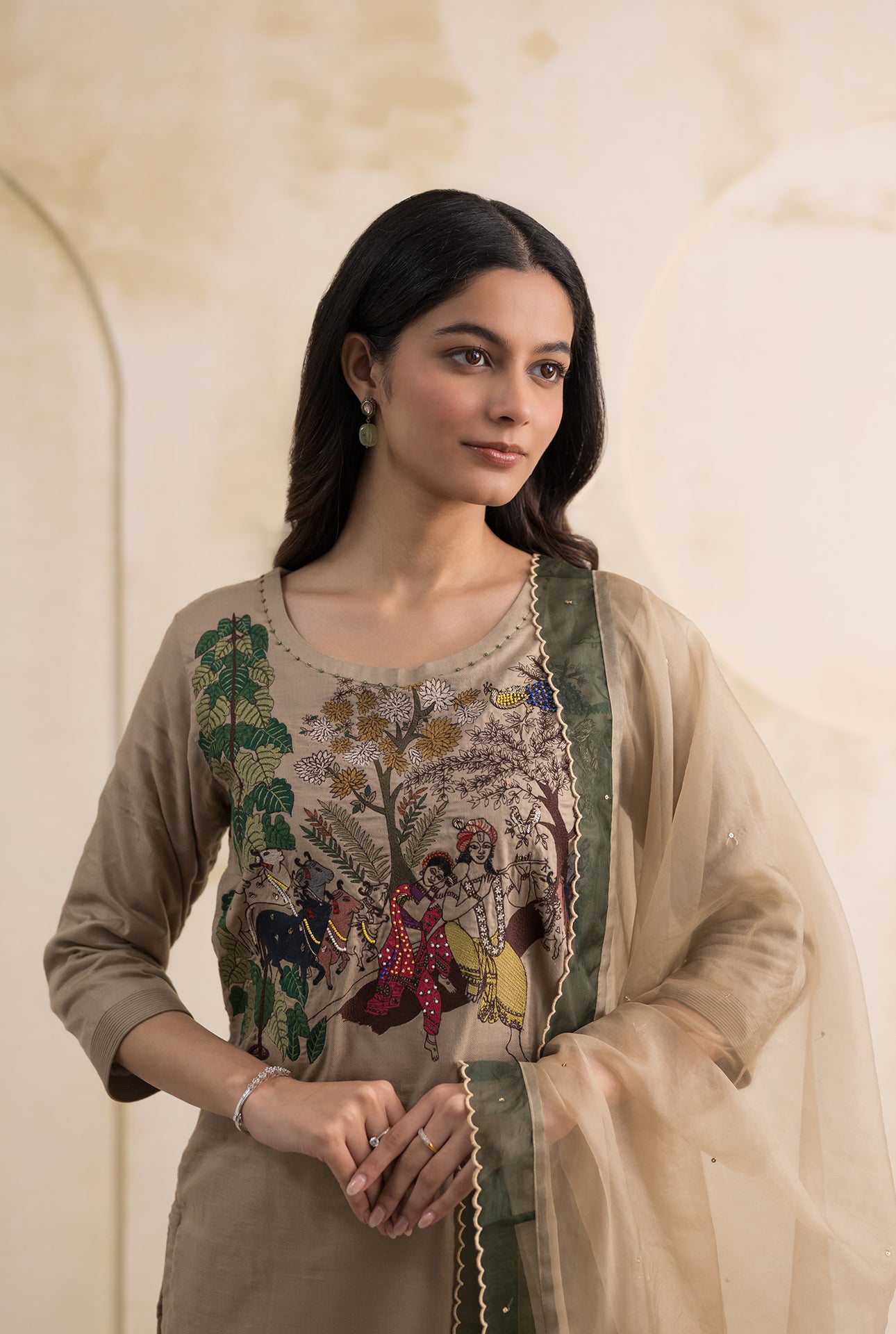 Beige Cotton Silk Suit Set with Radha Krishna Embroidery