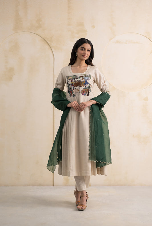 Handcrafted Kurta Set with Pastoral Embroidery & Green Dupatta