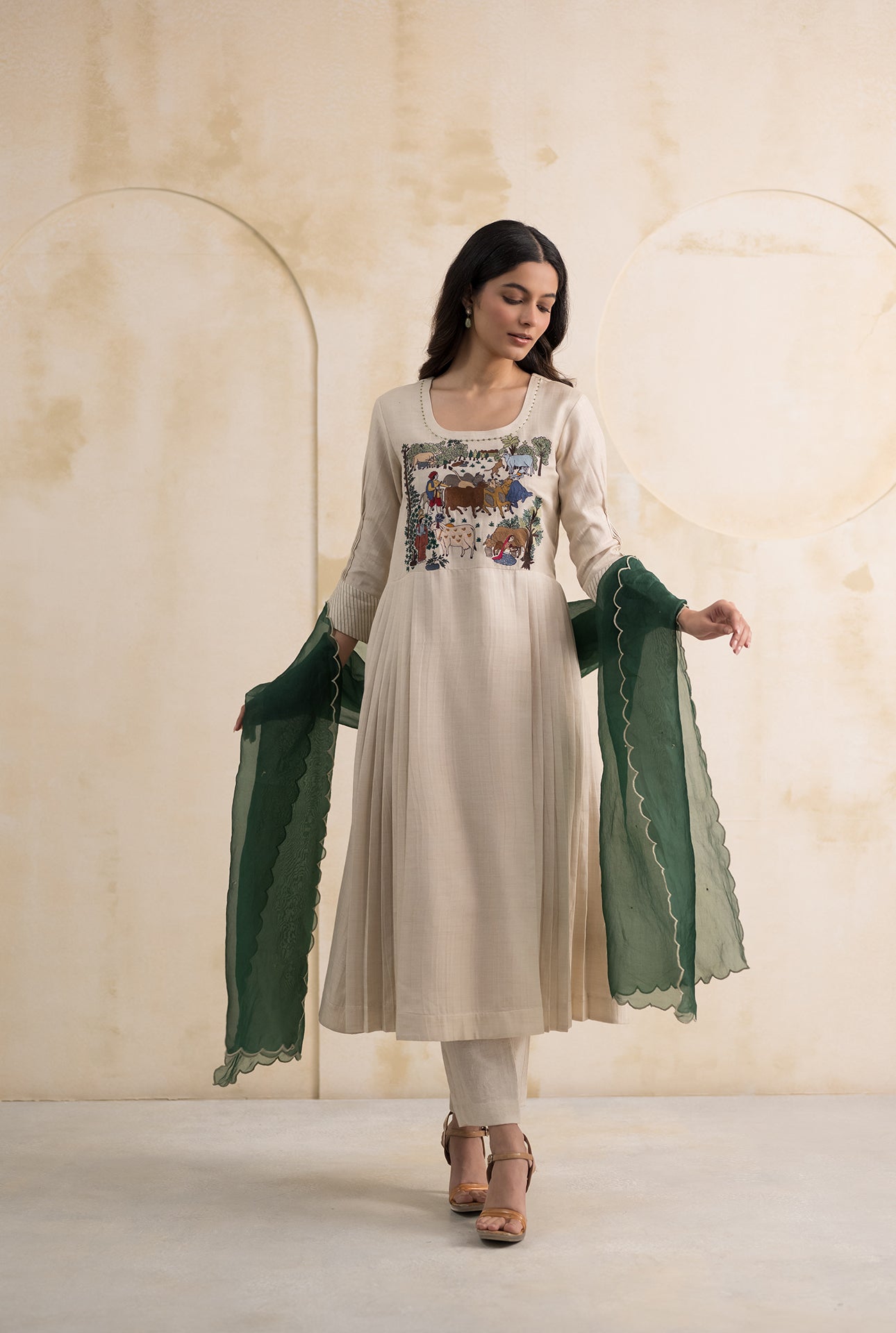 Handcrafted Kurta Set with Pastoral Embroidery & Green Dupatta