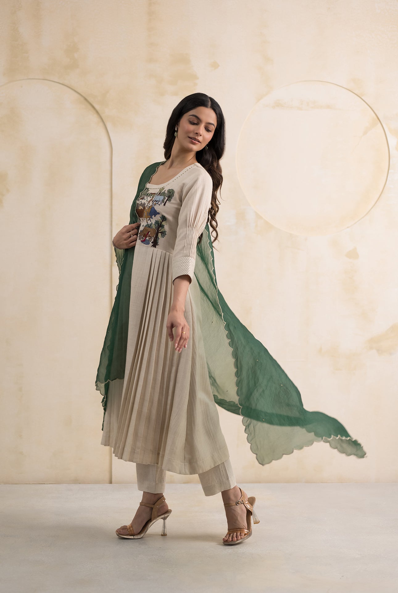 Handcrafted Kurta Set with Pastoral Embroidery & Green Dupatta