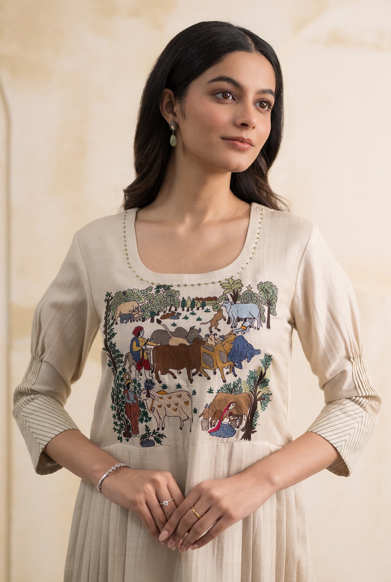 Handcrafted Kurta Set with Pastoral Embroidery & Green Dupatta