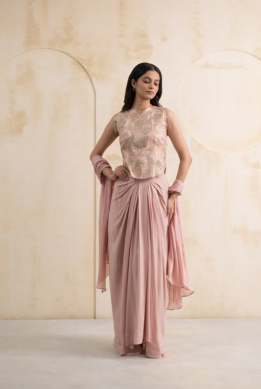 Blush Pink Georgette Dhoti Skirt with Handcrafted Silk Blouse & Dupatta
