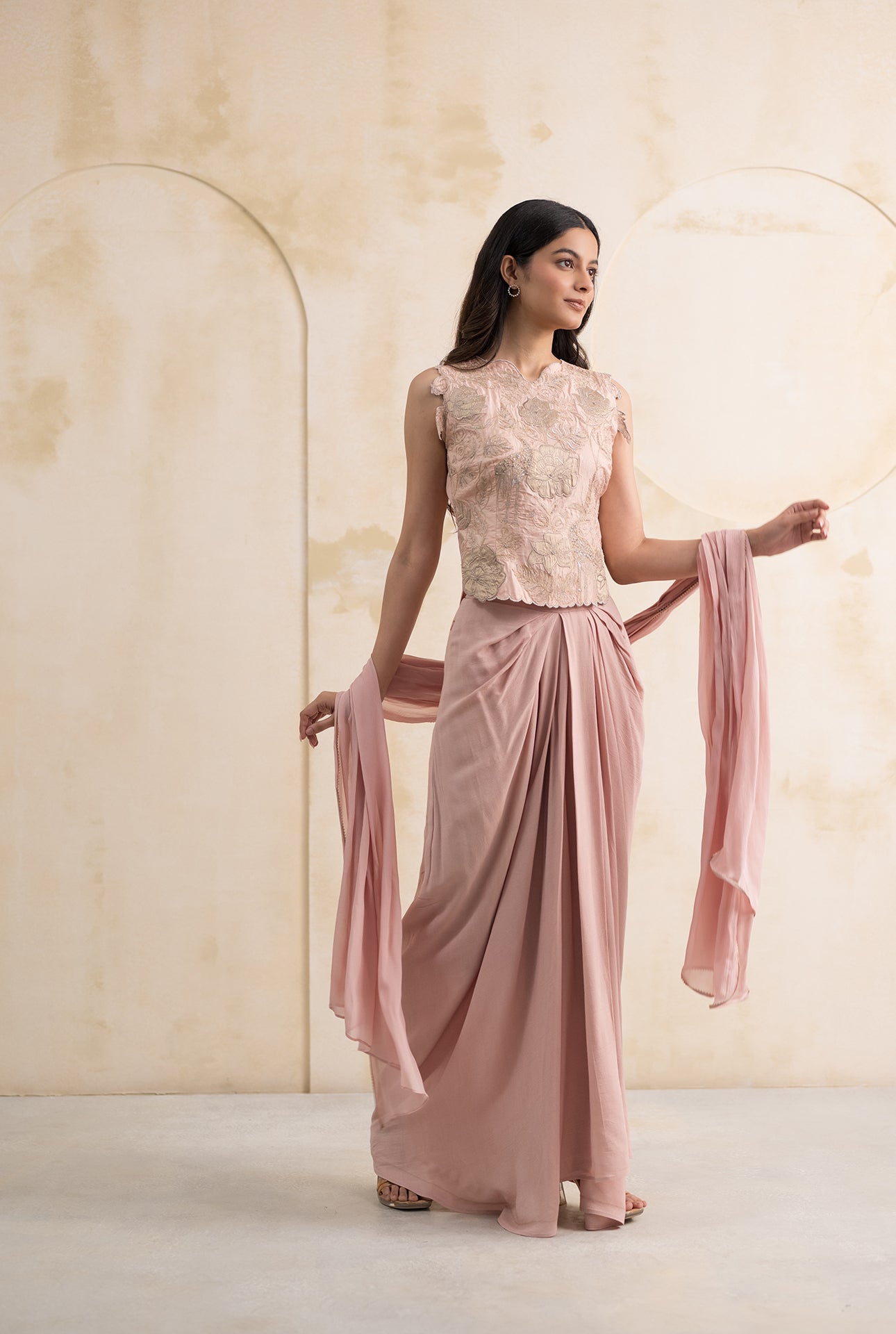 Blush Pink Georgette Dhoti Skirt with Handcrafted Silk Blouse & Dupatta