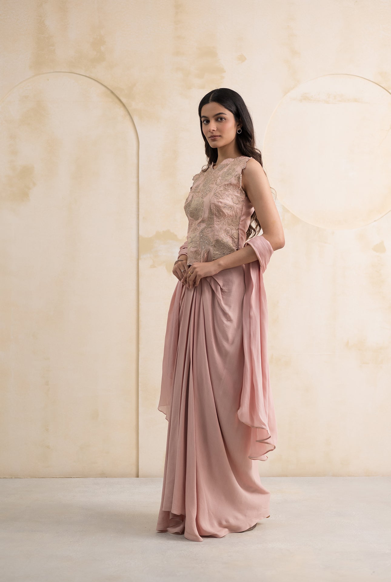 Blush Pink Georgette Dhoti Skirt with Handcrafted Silk Blouse & Dupatta