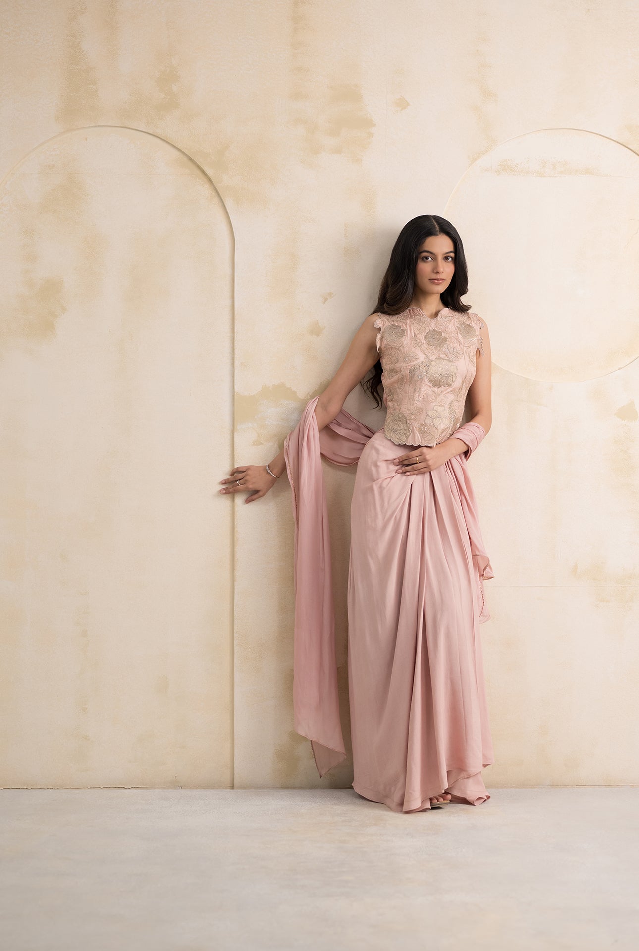 Blush Pink Georgette Dhoti Skirt with Handcrafted Silk Blouse & Dupatta