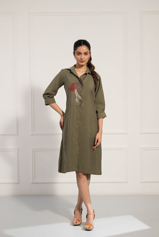 Olive Green Midi Dress with Appliqué Bird Motif