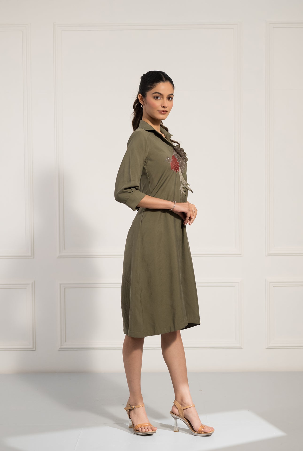 Olive Green Midi Dress with Appliqué Bird Motif