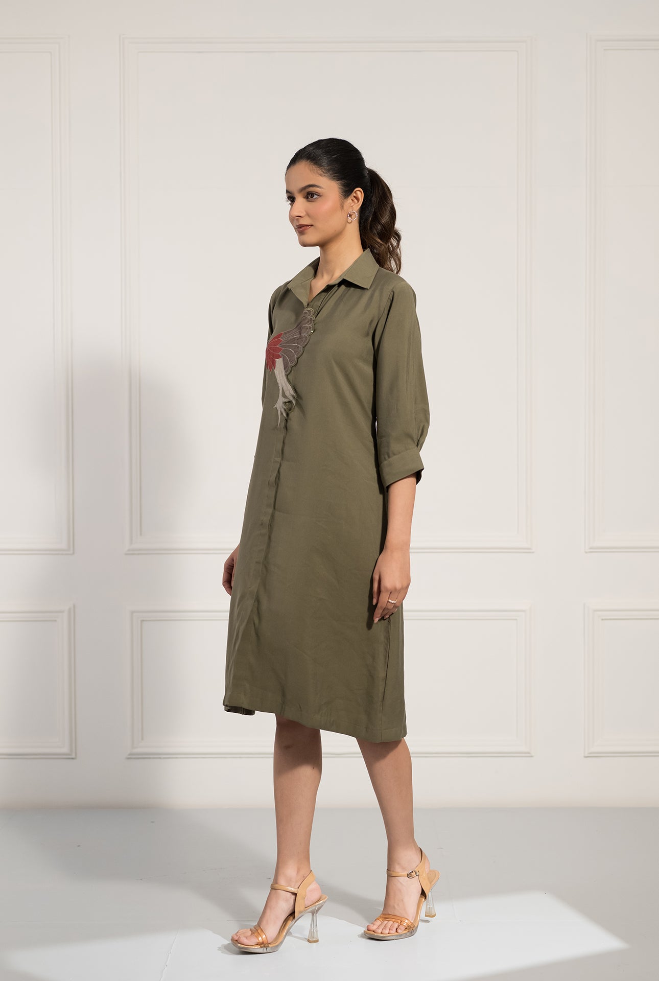 Olive Green Midi Dress with Appliqué Bird Motif