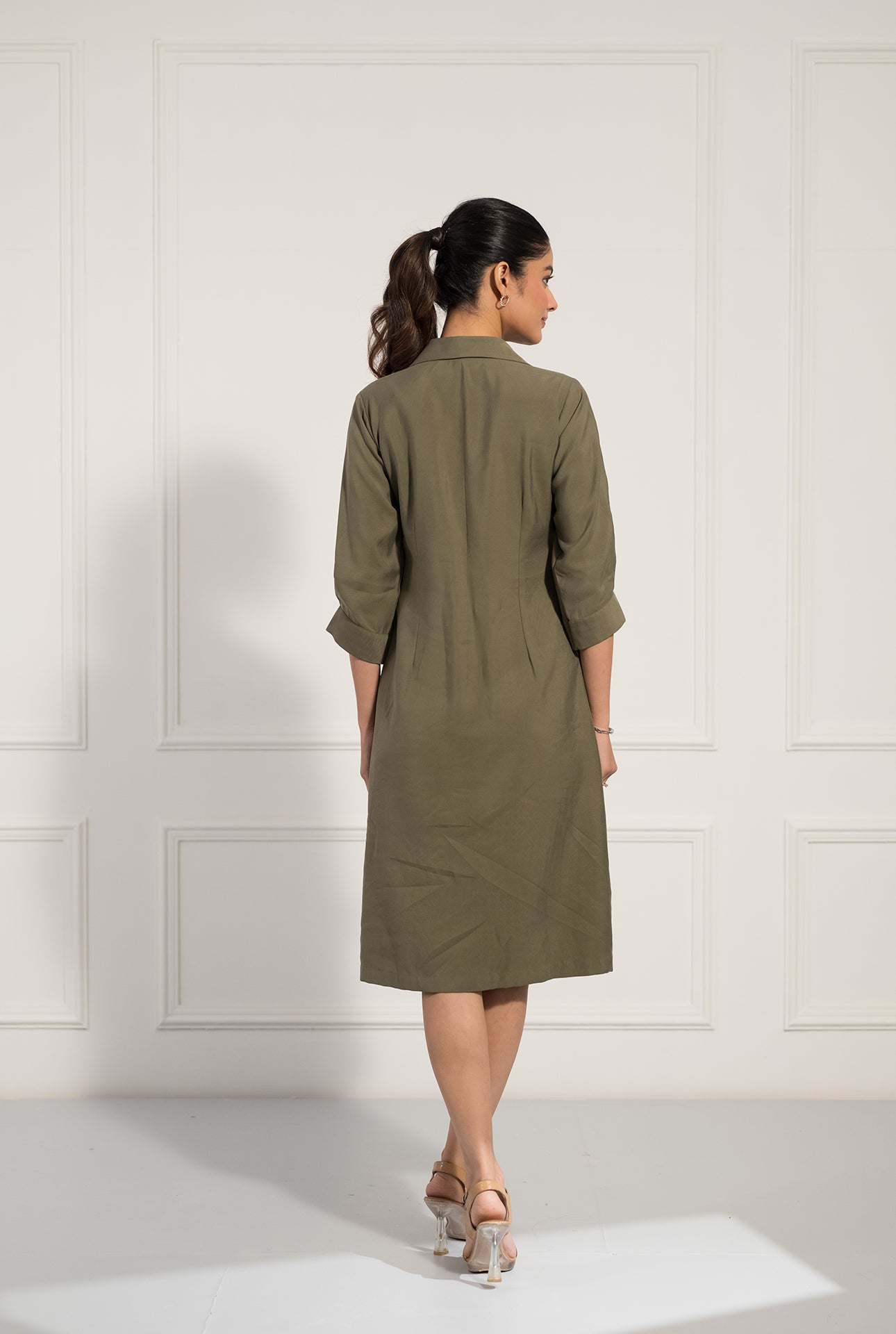 Olive Green Midi Dress with Appliqué Bird Motif