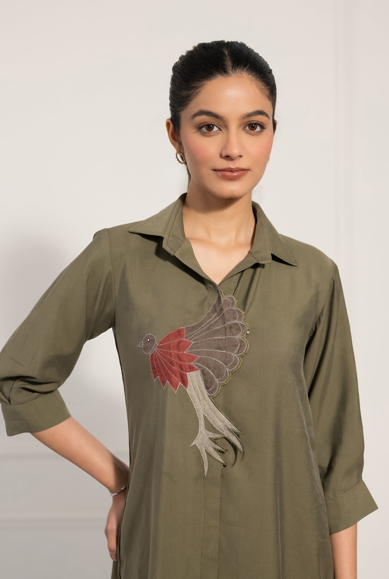Olive Green Midi Dress with Appliqué Bird Motif
