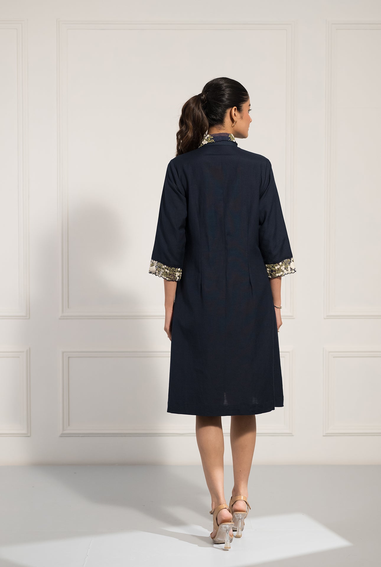Navy Blue Double Georgette Shirt Dress with Dori Embroidery