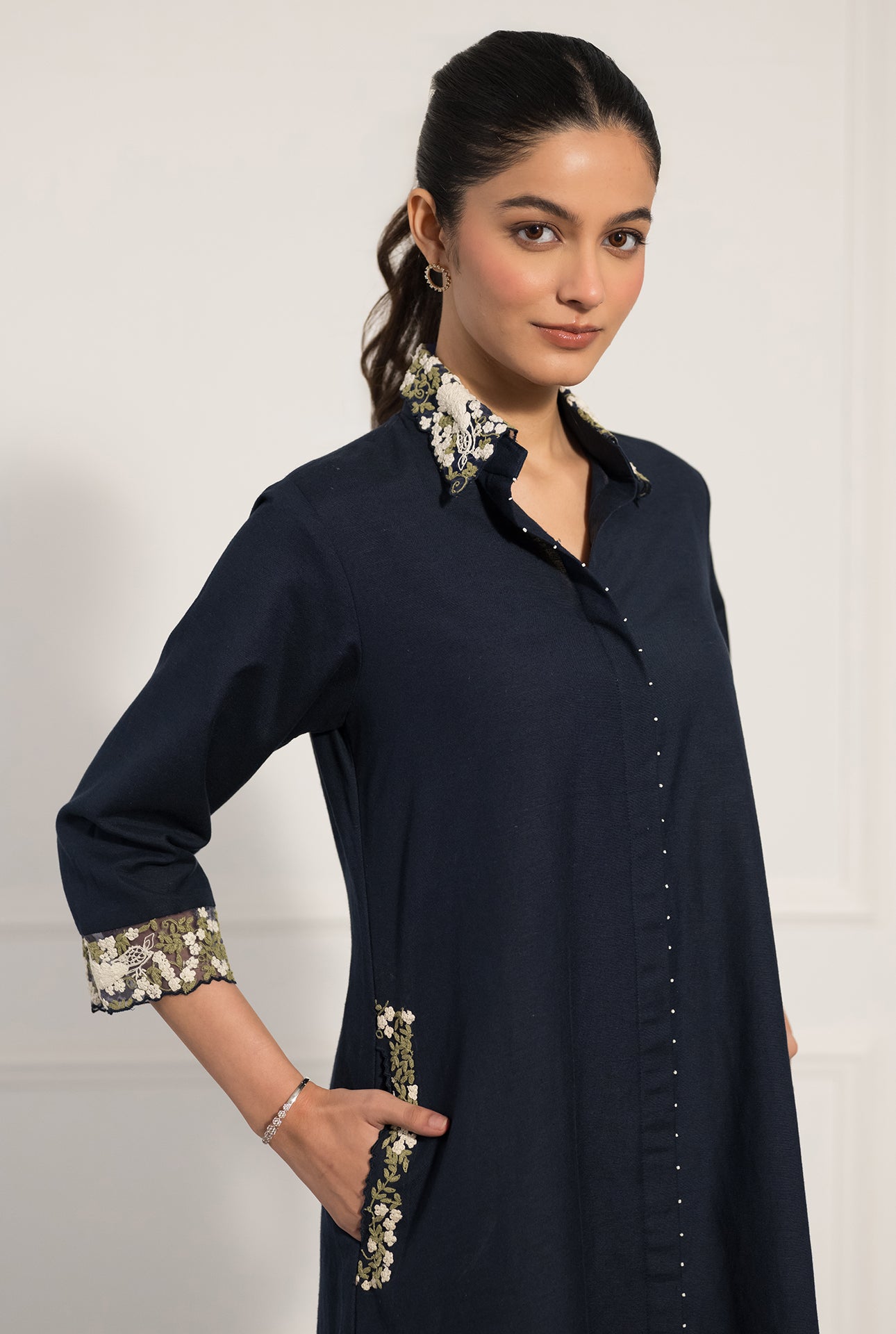 Navy Blue Double Georgette Shirt Dress with Dori Embroidery