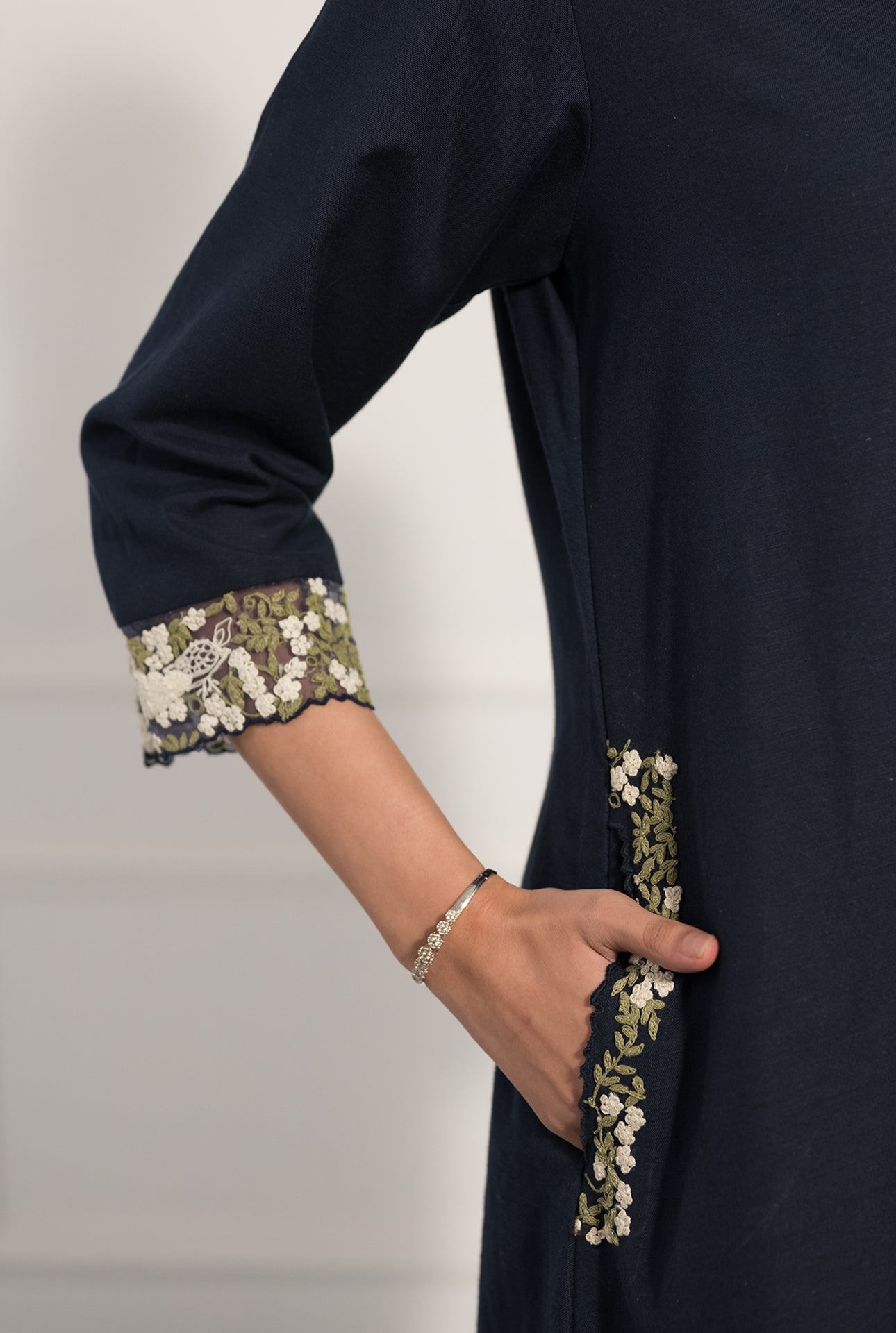 Navy Blue Double Georgette Shirt Dress with Dori Embroidery