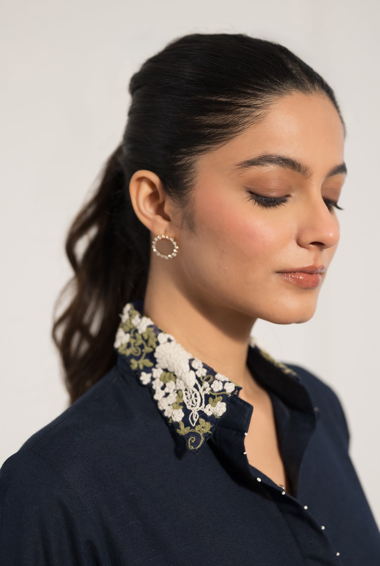 Navy Blue Double Georgette Shirt Dress with Dori Embroidery