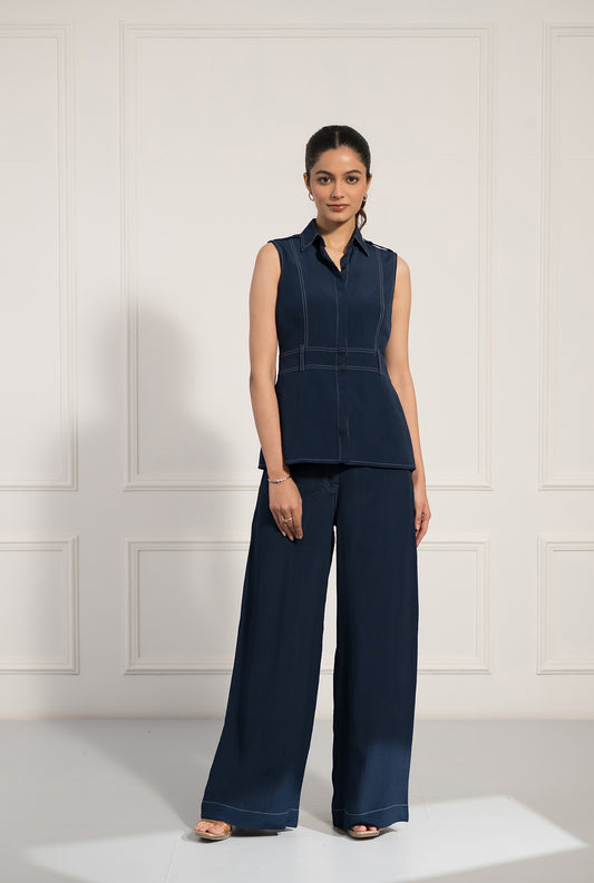 Midnight Blue Sleeveless Co-ord Set with Contrast Stitch Detail