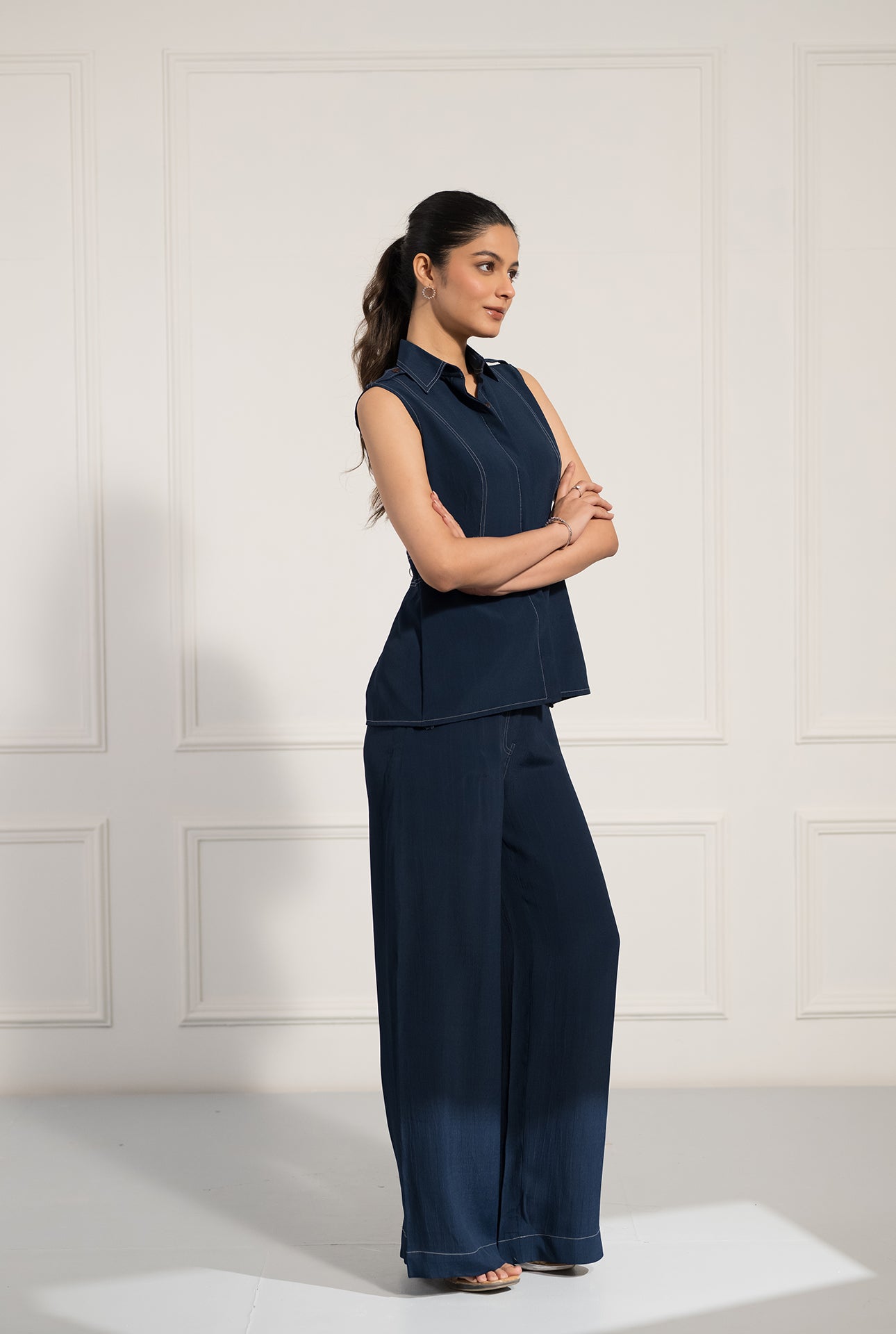 Midnight Blue Sleeveless Co-ord Set with Contrast Stitch Detail