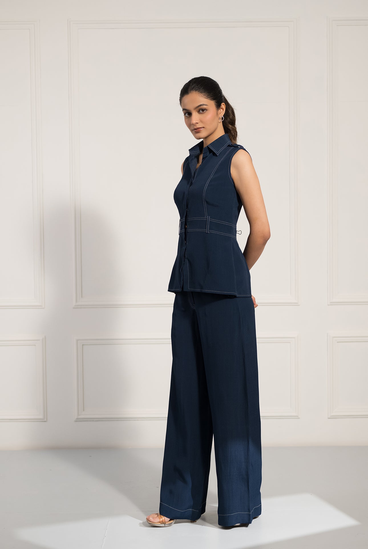 Midnight Blue Sleeveless Co-ord Set with Contrast Stitch Detail