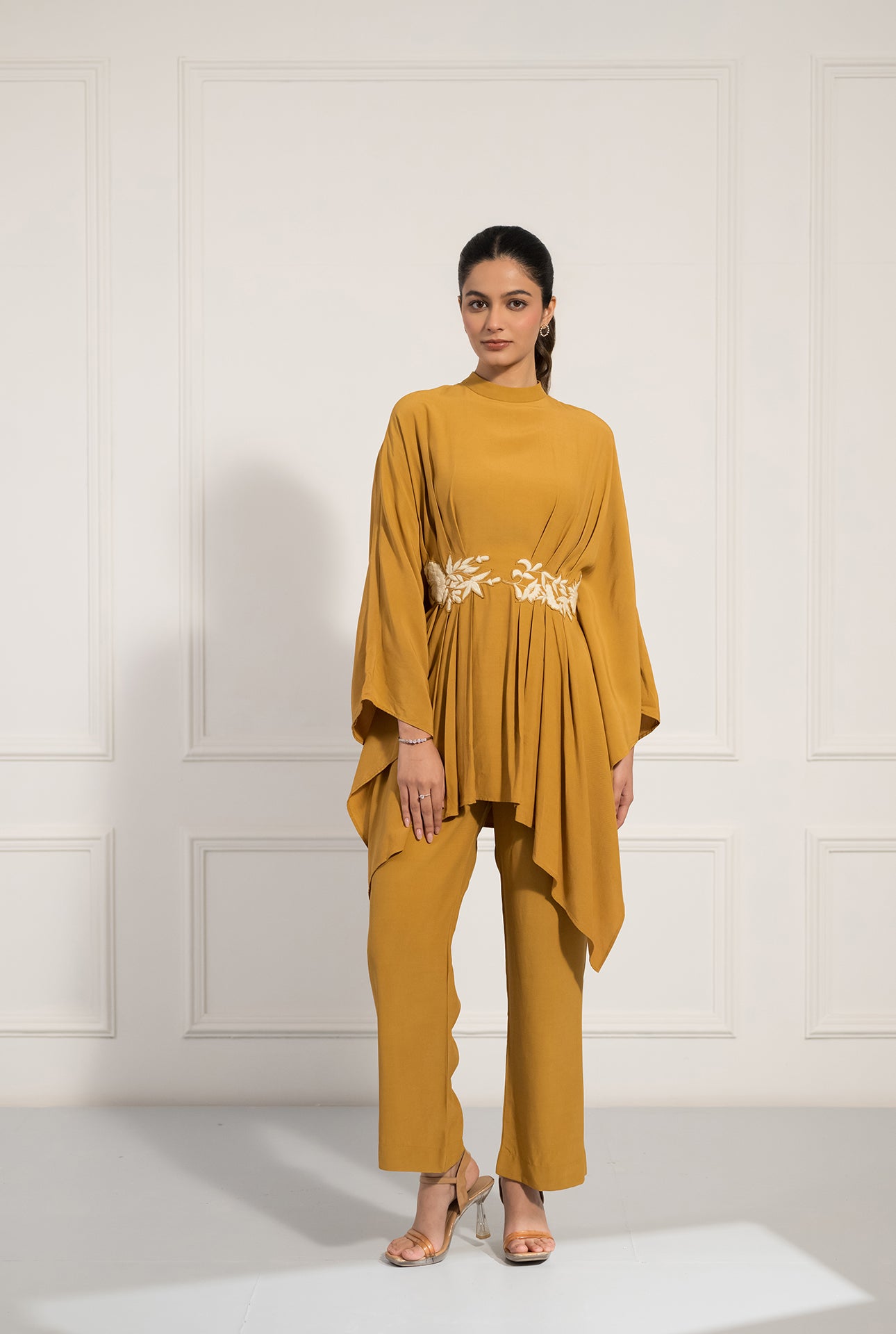 Mustard Draped Kaftan Co-ord Set with Embroidered Waist Detail