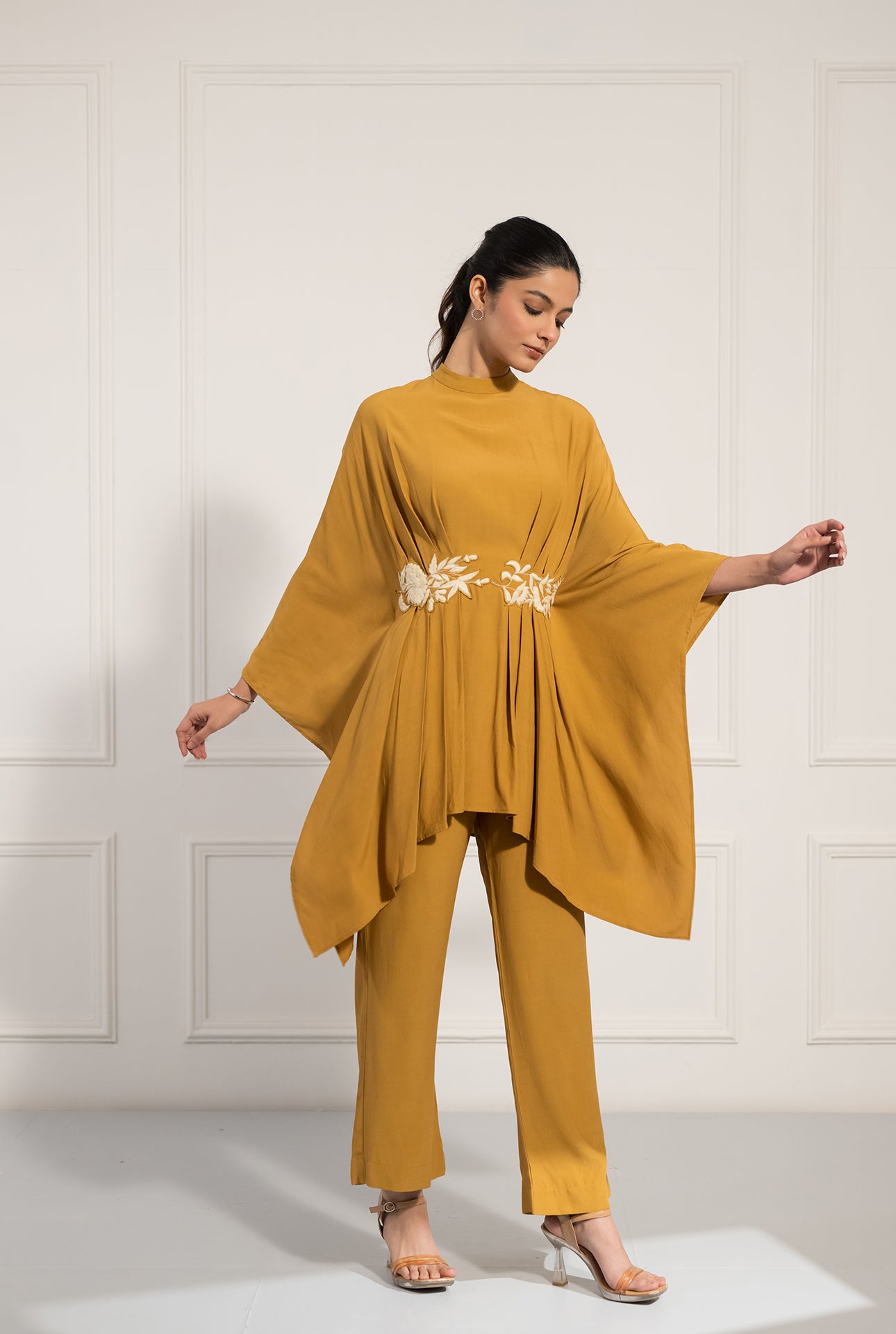 Mustard Draped Kaftan Co-ord Set with Embroidered Waist Detail