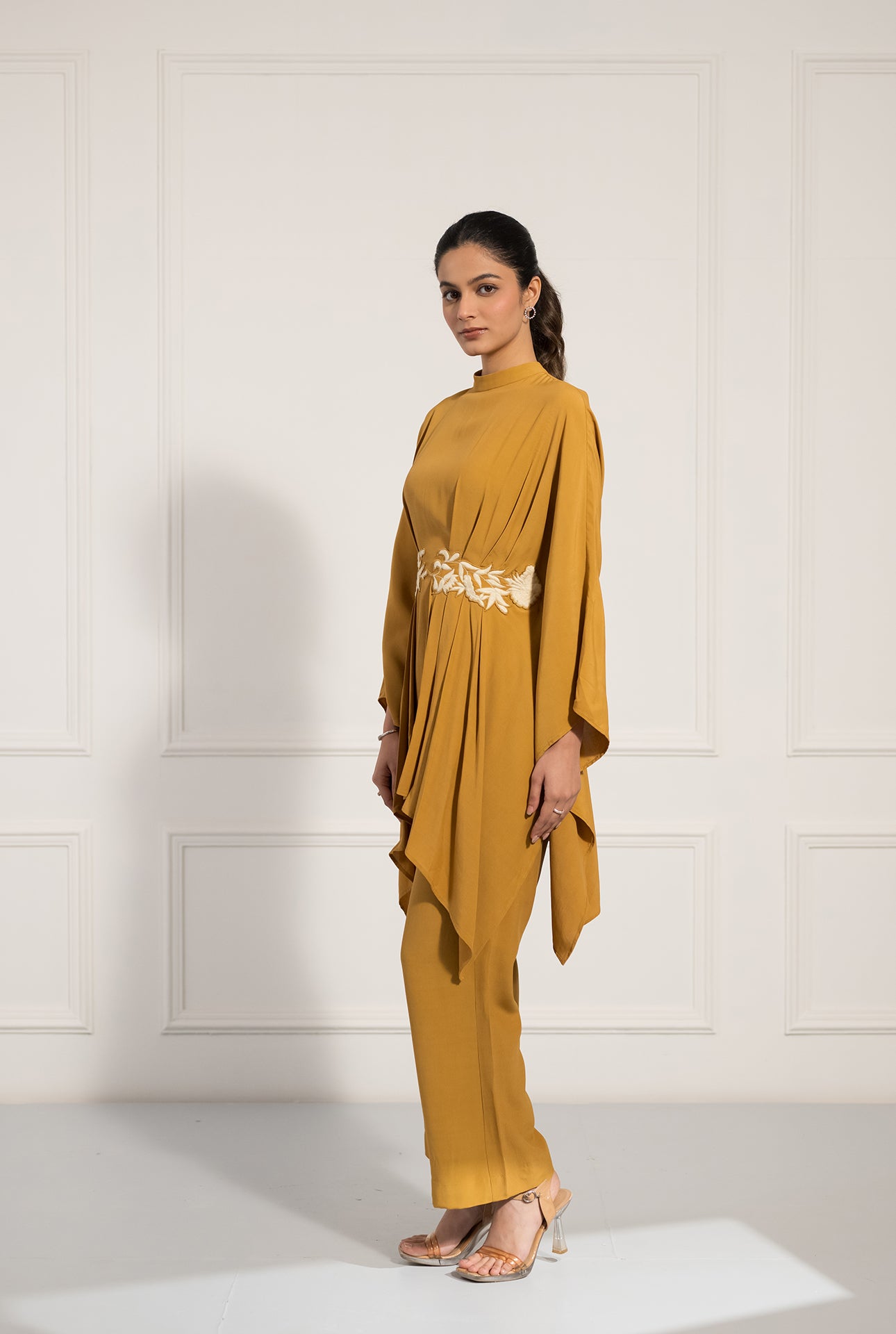Mustard Draped Kaftan Co-ord Set with Embroidered Waist Detail
