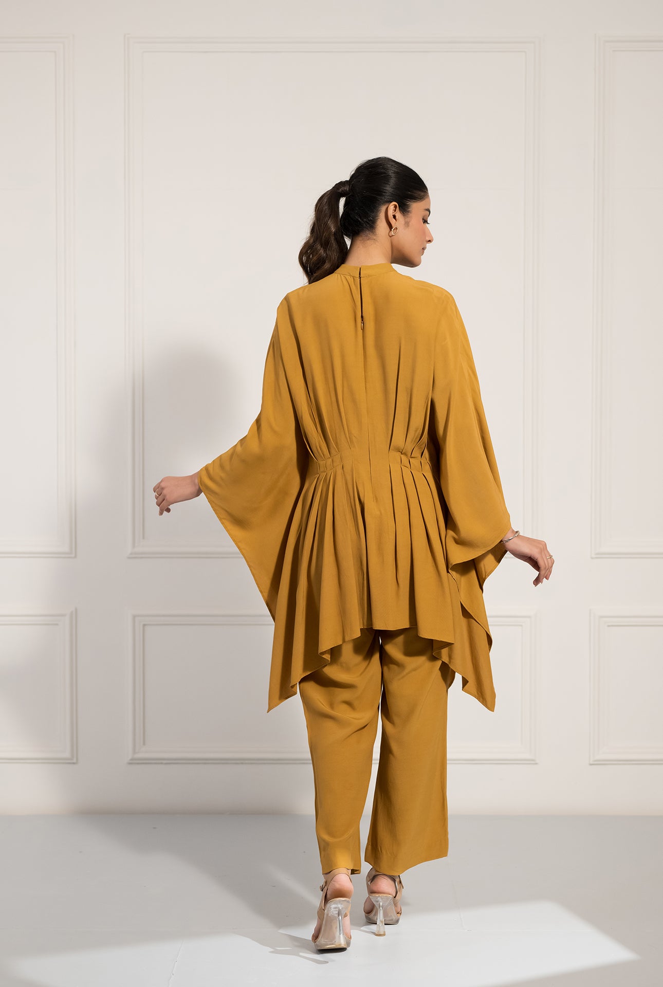 Mustard Draped Kaftan Co-ord Set with Embroidered Waist Detail