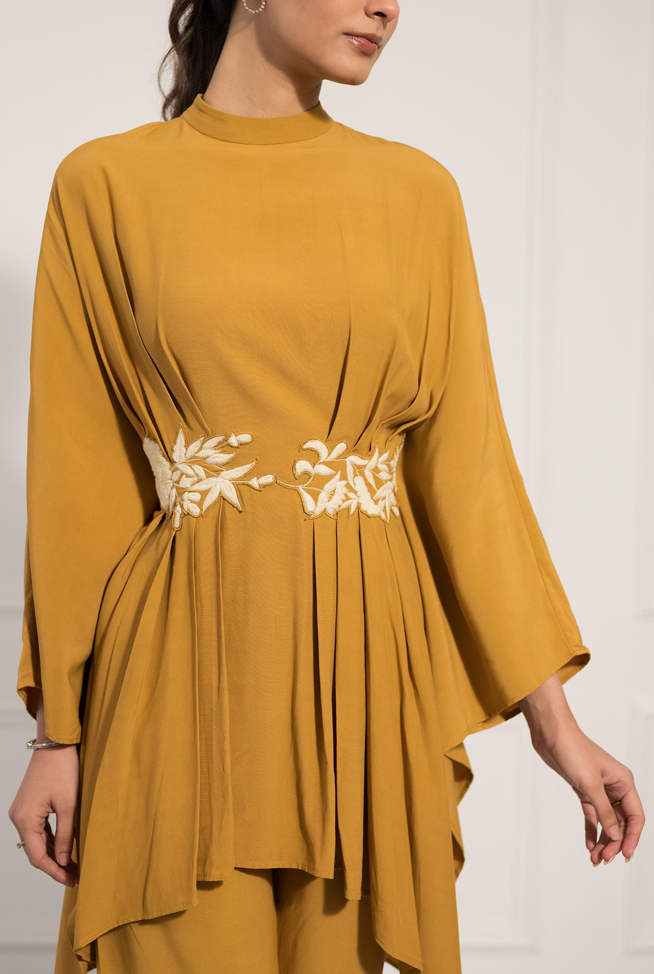 Mustard Draped Kaftan Co-ord Set with Embroidered Waist Detail
