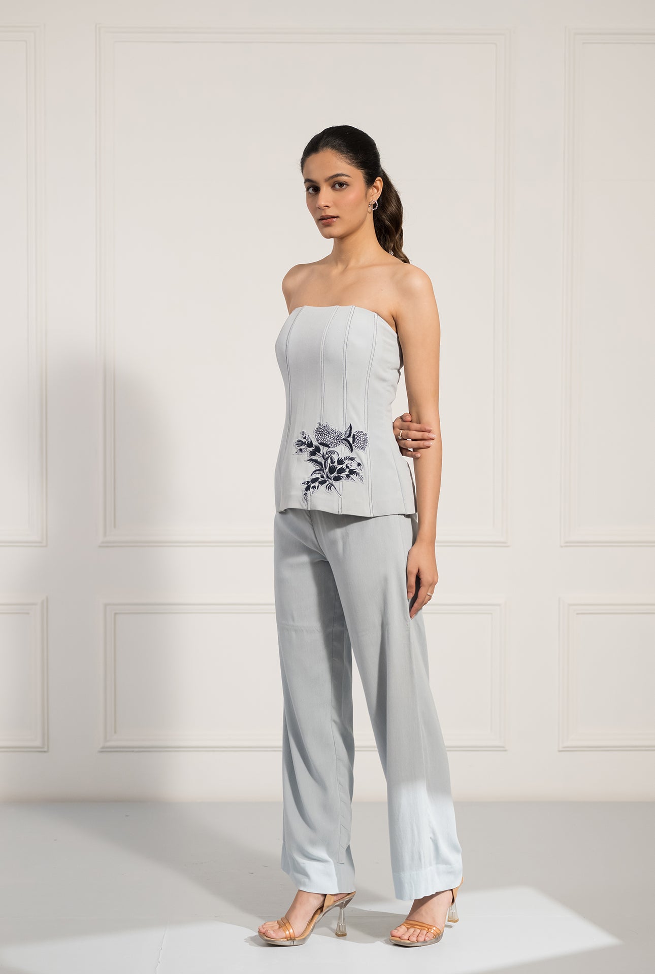 Powder Blue Corset Co-ord Set with Floral Embroidery