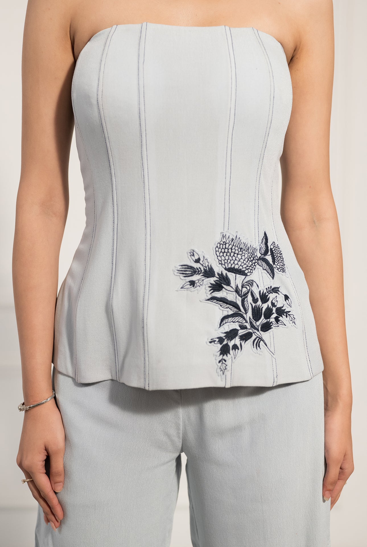 Powder Blue Corset Co-ord Set with Floral Embroidery