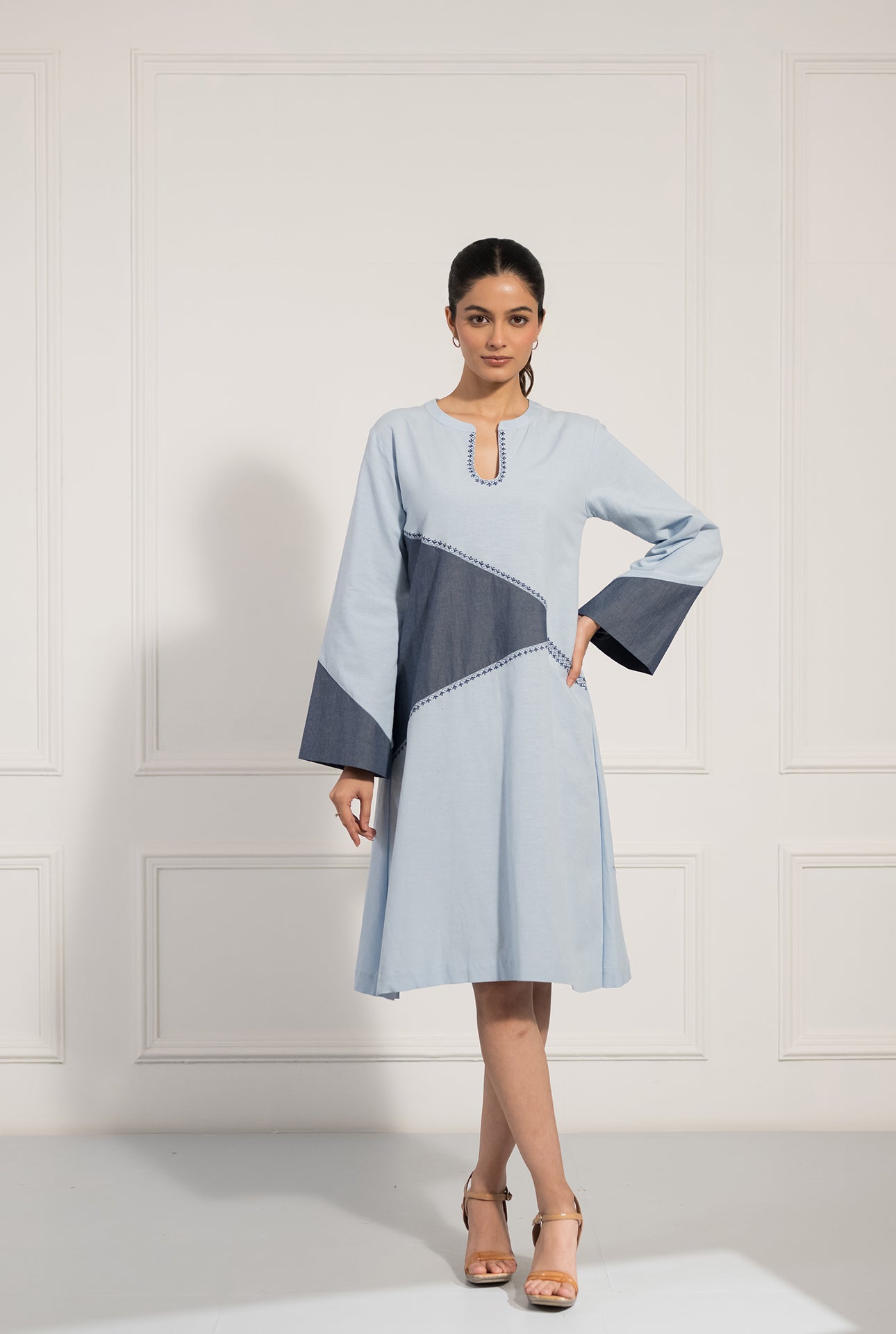 Powder Blue A-Line Dress with Contrast Panels and Embroidery