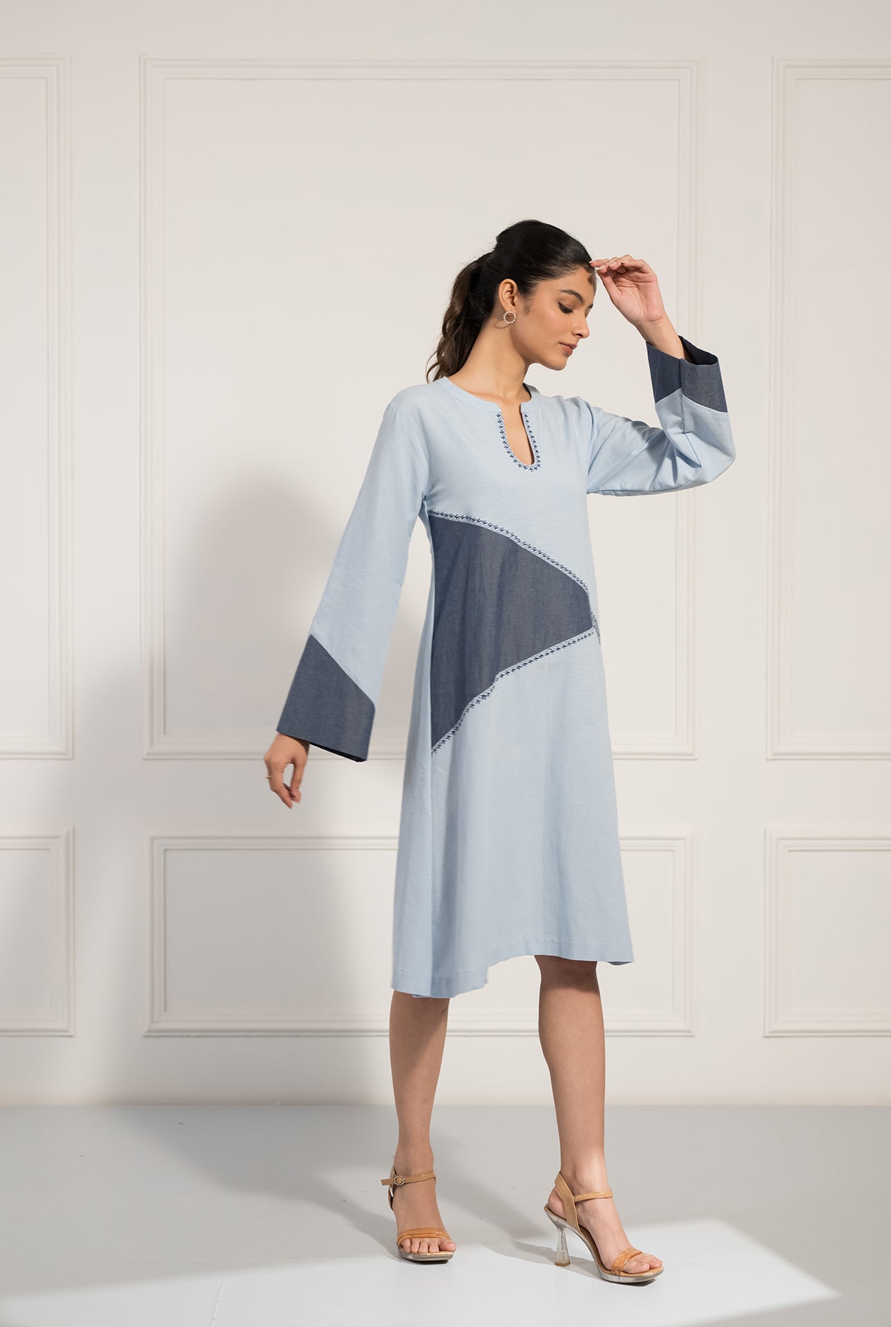 Powder Blue A-Line Dress with Contrast Panels and Embroidery
