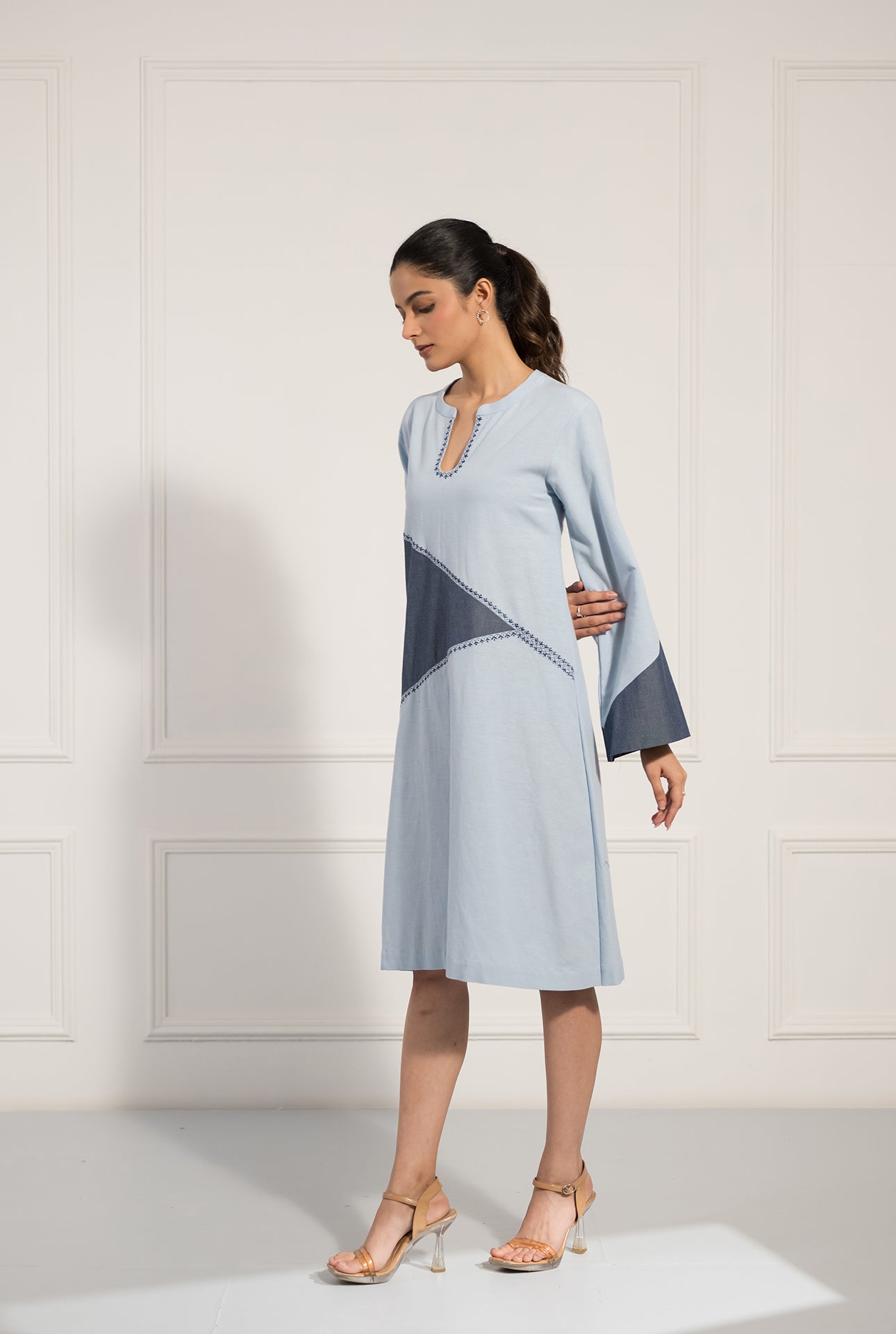 Powder Blue A-Line Dress with Contrast Panels and Embroidery