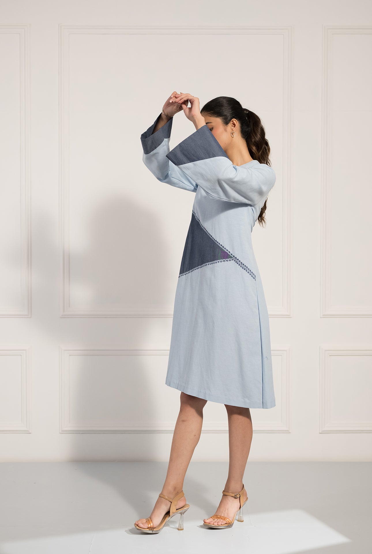 Powder Blue A-Line Dress with Contrast Panels and Embroidery