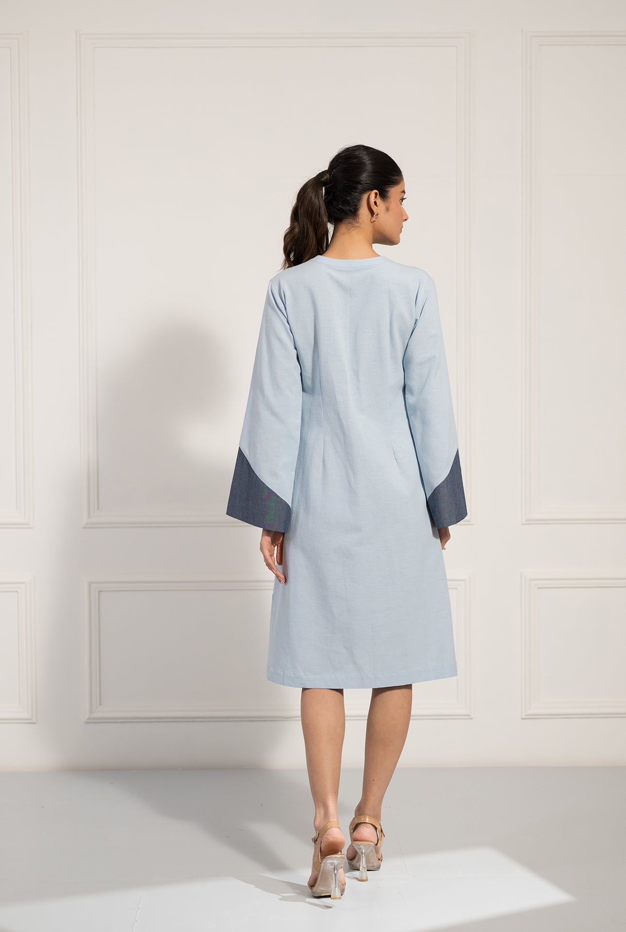 Powder Blue A-Line Dress with Contrast Panels and Embroidery