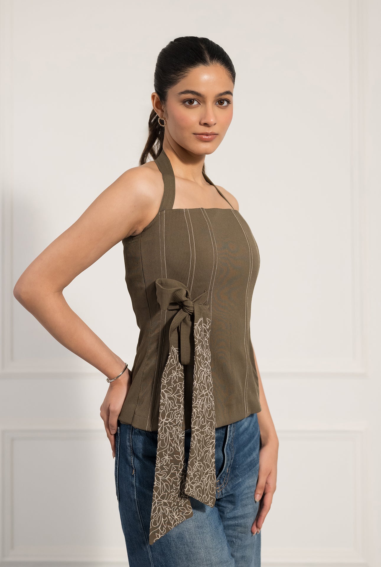 Olive Halter Neck Corset Top with Side Tie Detail