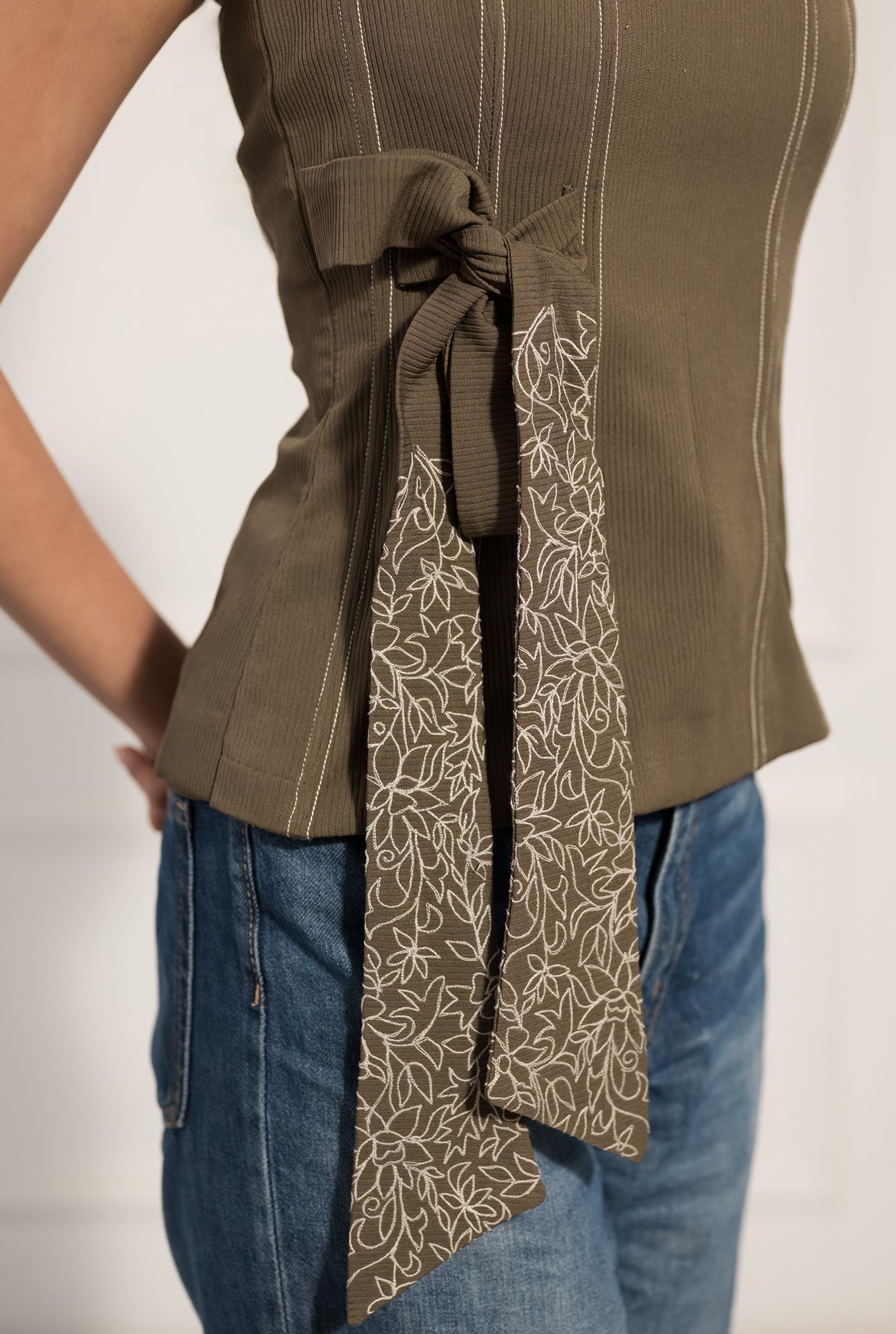Olive Halter Neck Corset Top with Side Tie Detail