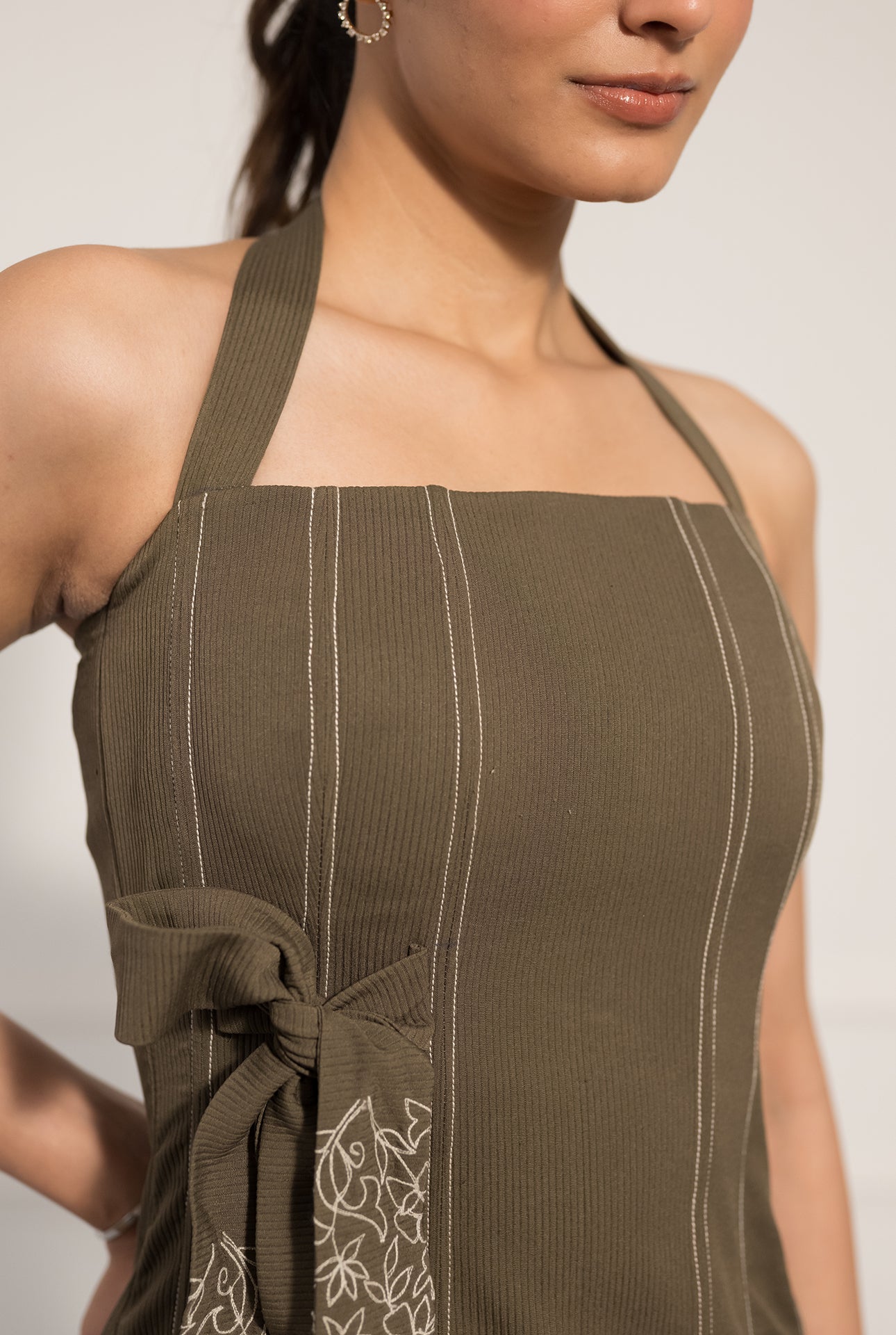 Olive Halter Neck Corset Top with Side Tie Detail