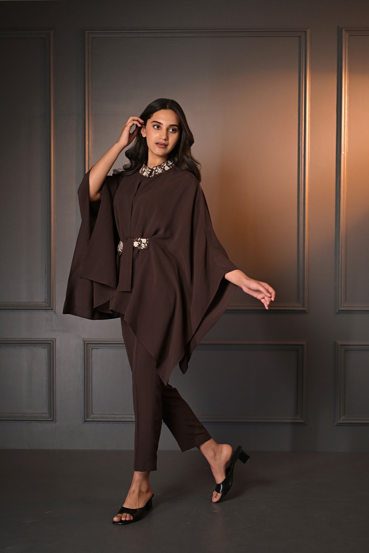 Moss Crape Co-Ord Set with Embroidered Collar and Belt