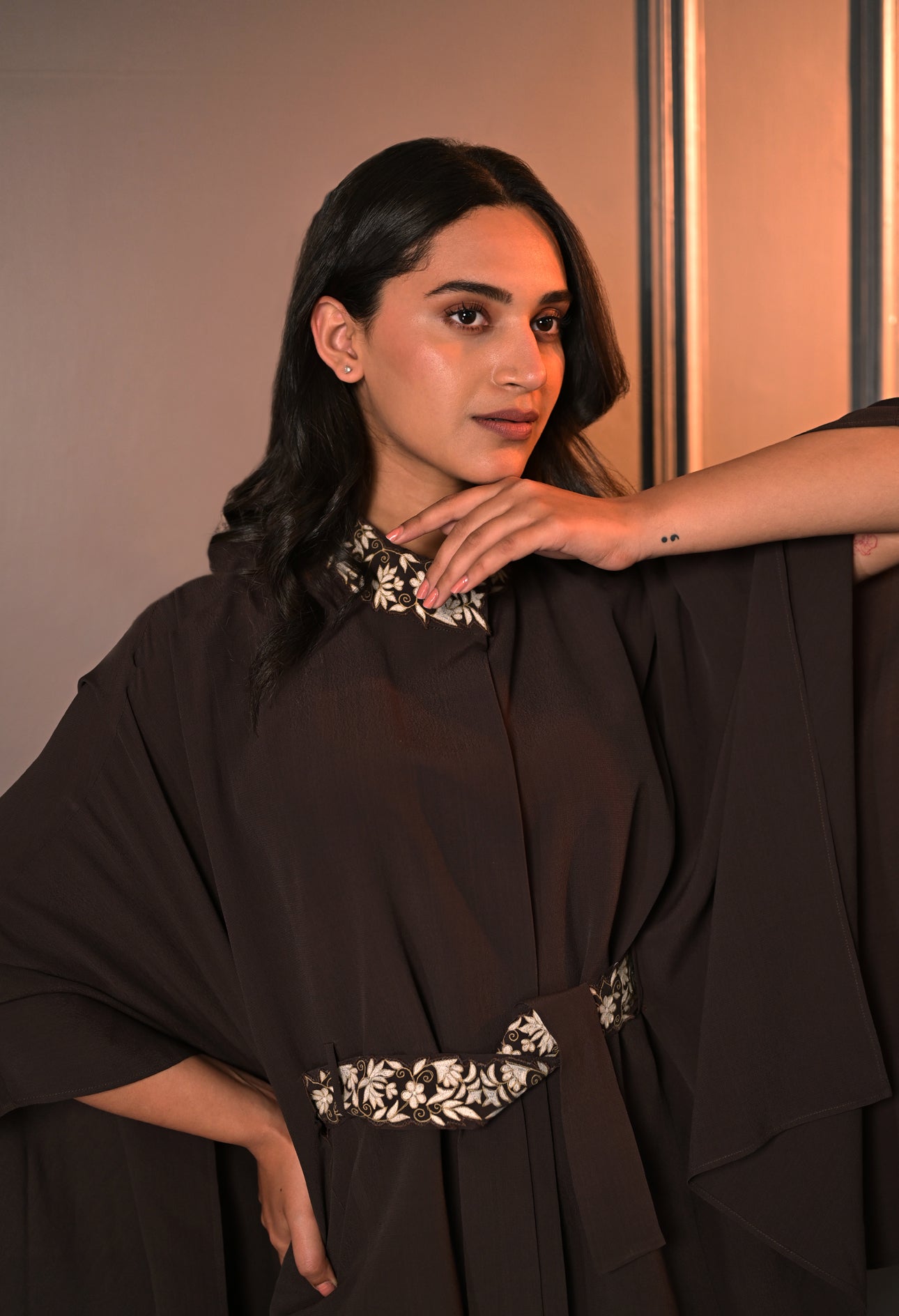 Moss Crape Co-Ord Set with Embroidered Collar and Belt