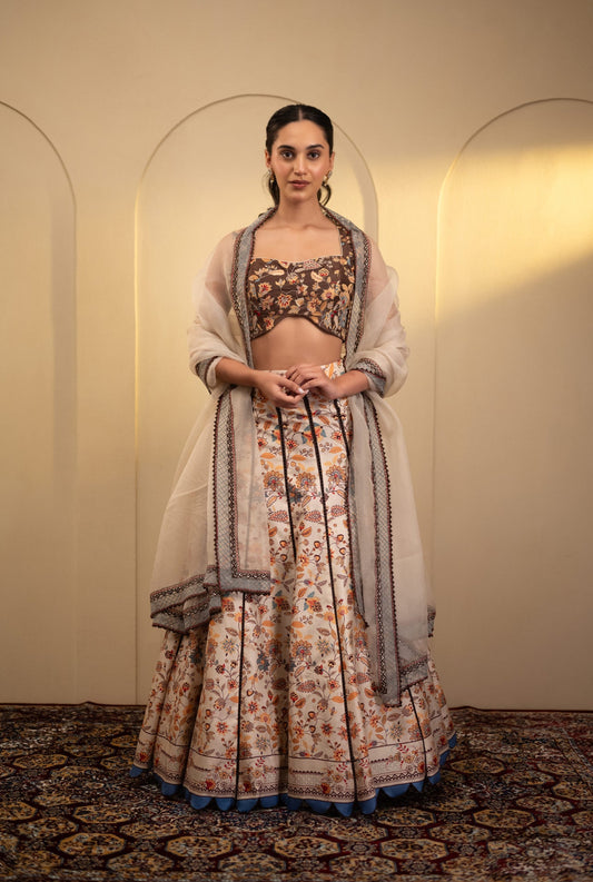 Printed Silk Lehenga with Embroidered Dupatta & Blouse