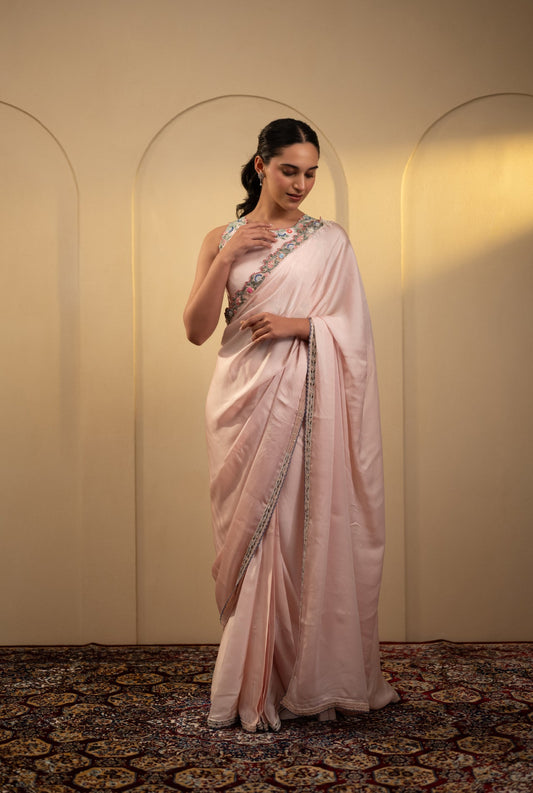 Pearl & Thread Work Satin Saree