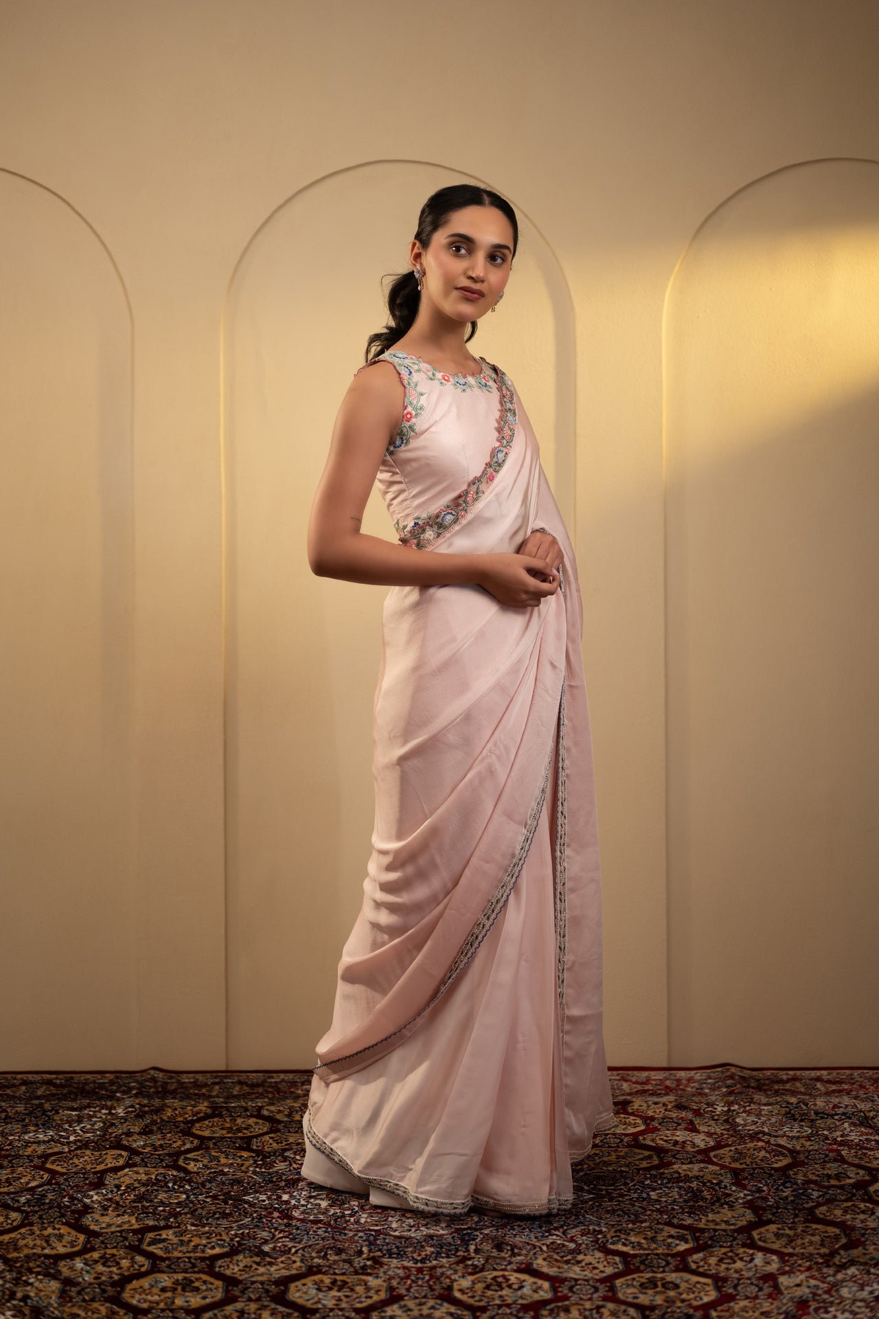 Pearl & Thread Work Satin Saree