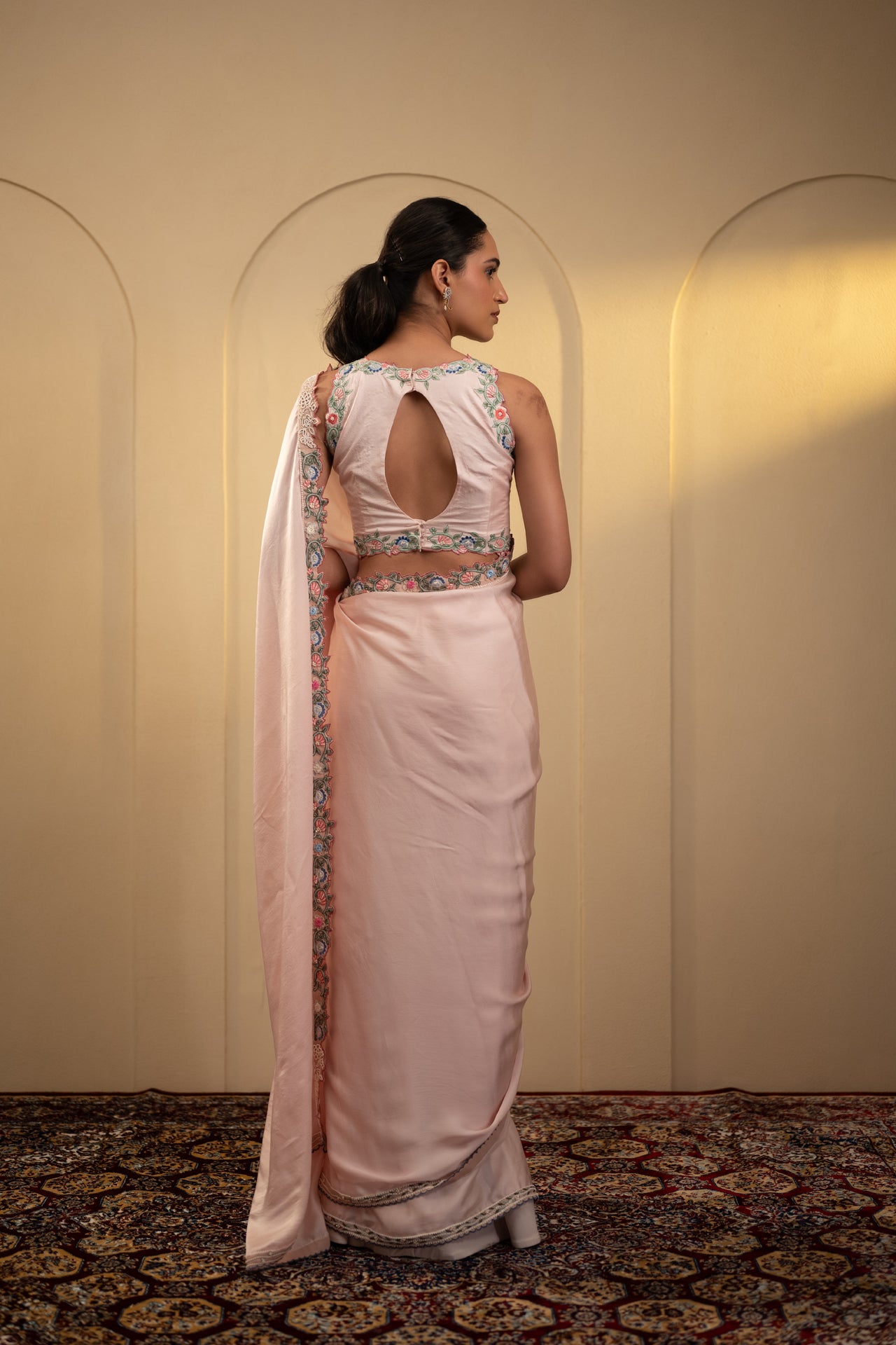 Pearl & Thread Work Satin Saree